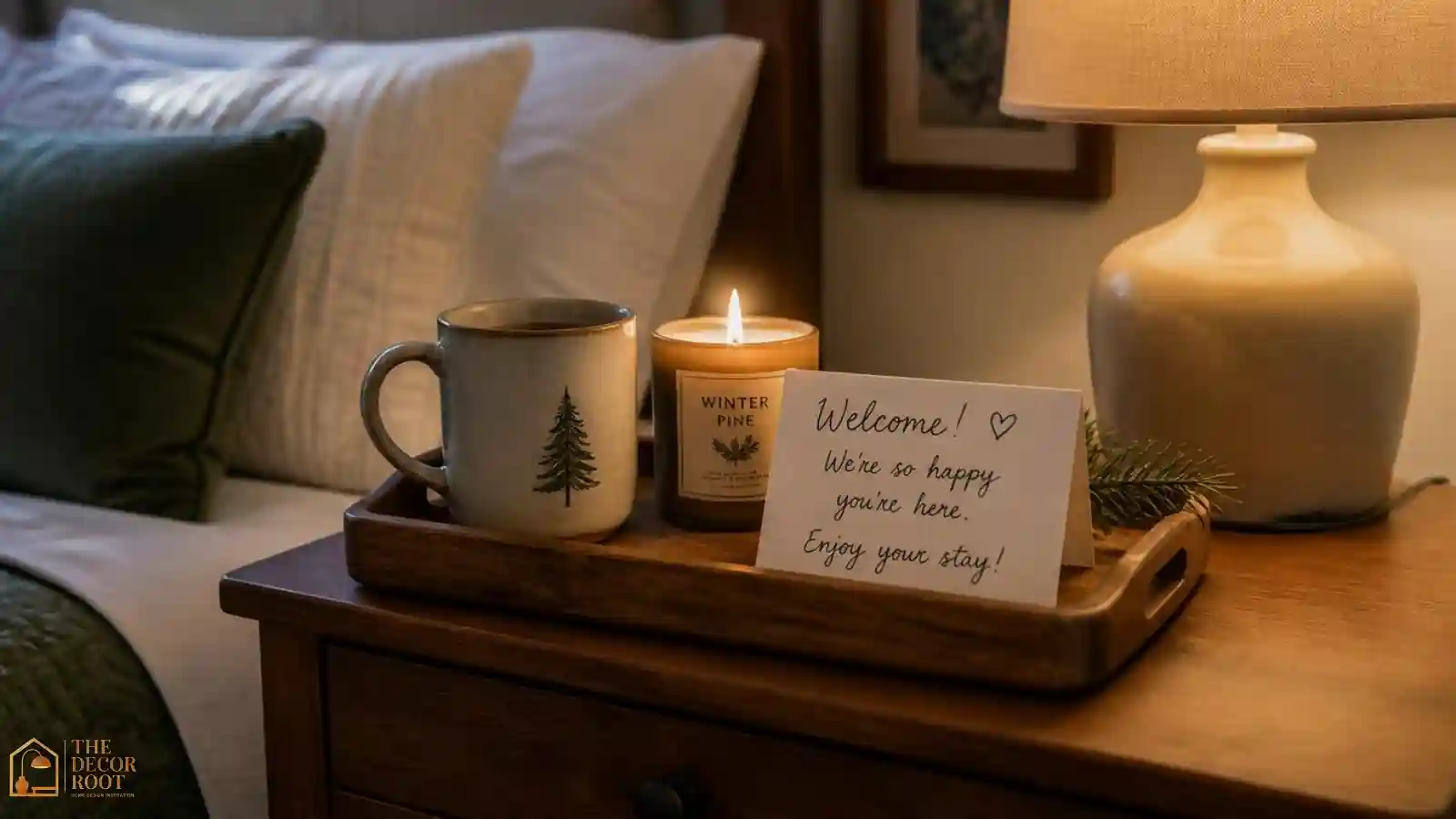 A bedside welcome tray with a mug, a small holiday candle, and a handwritten note card in a decorated guest room