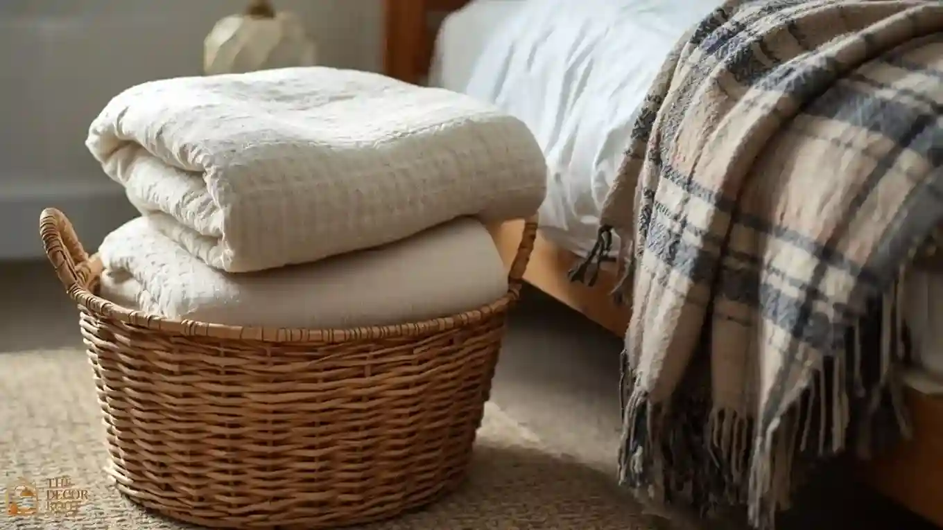 A woven basket of folded extra blankets beside a guest bed with a small holiday-toned throw draped across the footboard