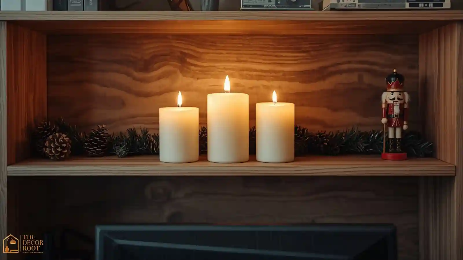 A shelf behind a desk decorated with flameless LED candles, a small nutcracker figure, and a pinecone garland