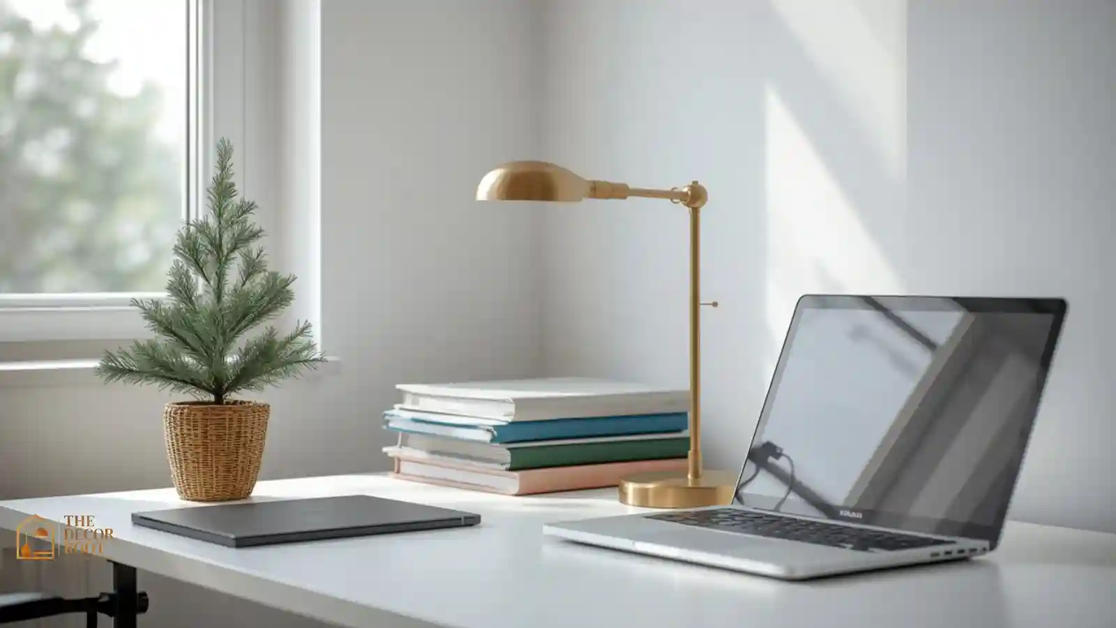 A tidy home office desk with a small potted pine tree, a warm desk lamp, and a neat stack of folders beside a laptop
