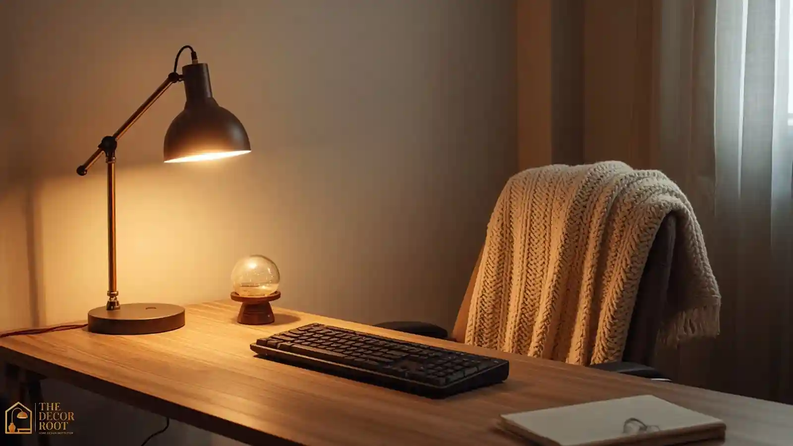 A desk styled with a warm-toned lamp, a single glass ornament, and a knit throw draped over the office chair