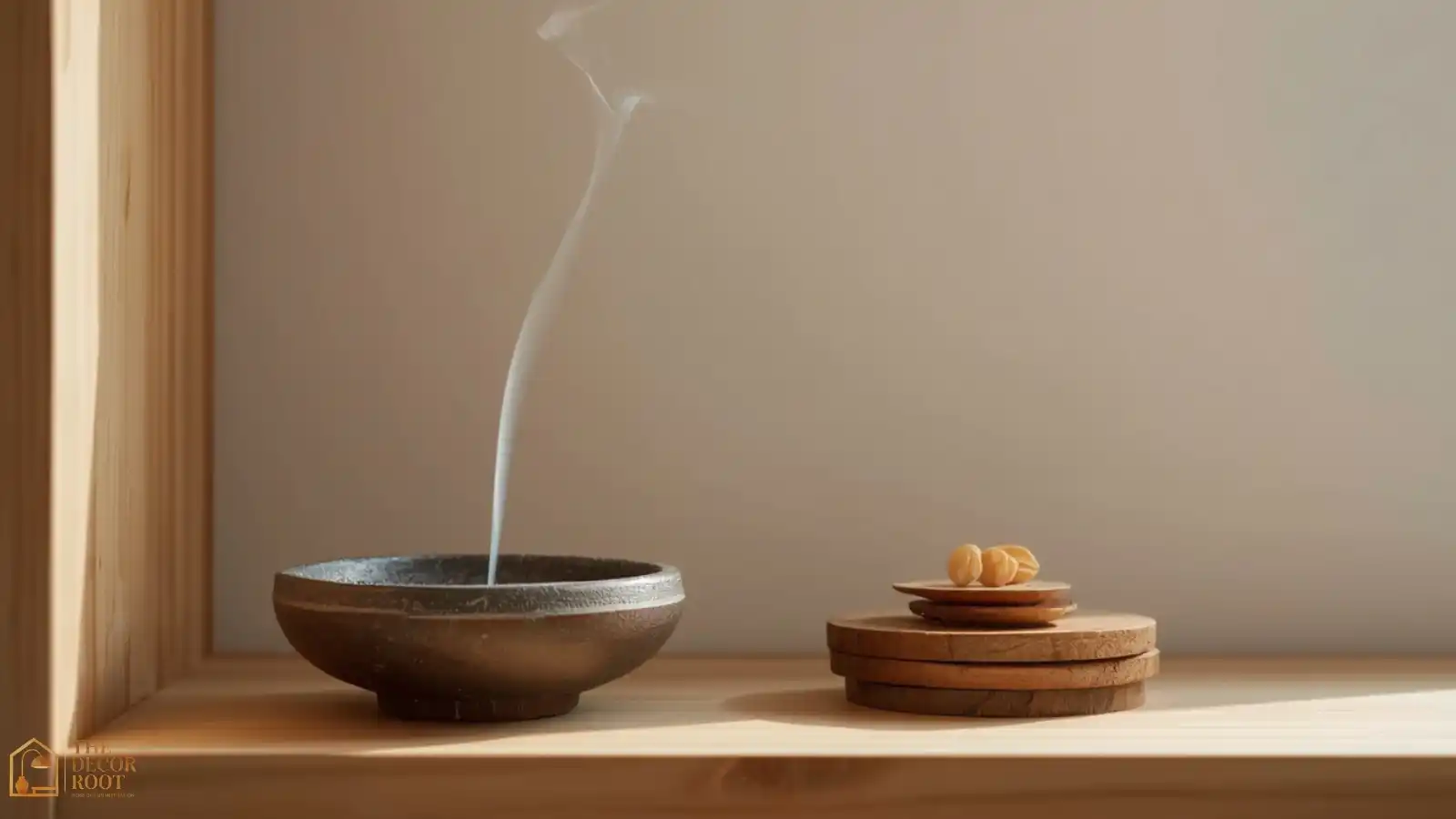 A stoneware incense holder with cedar incense burning beside a small cluster of smooth wood discs on a shelf