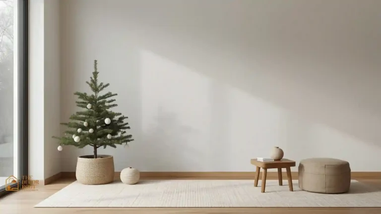 A minimalist Japandi living room with a small pine tree, unglazed ceramic ornaments, and warm neutral tones for Christmas