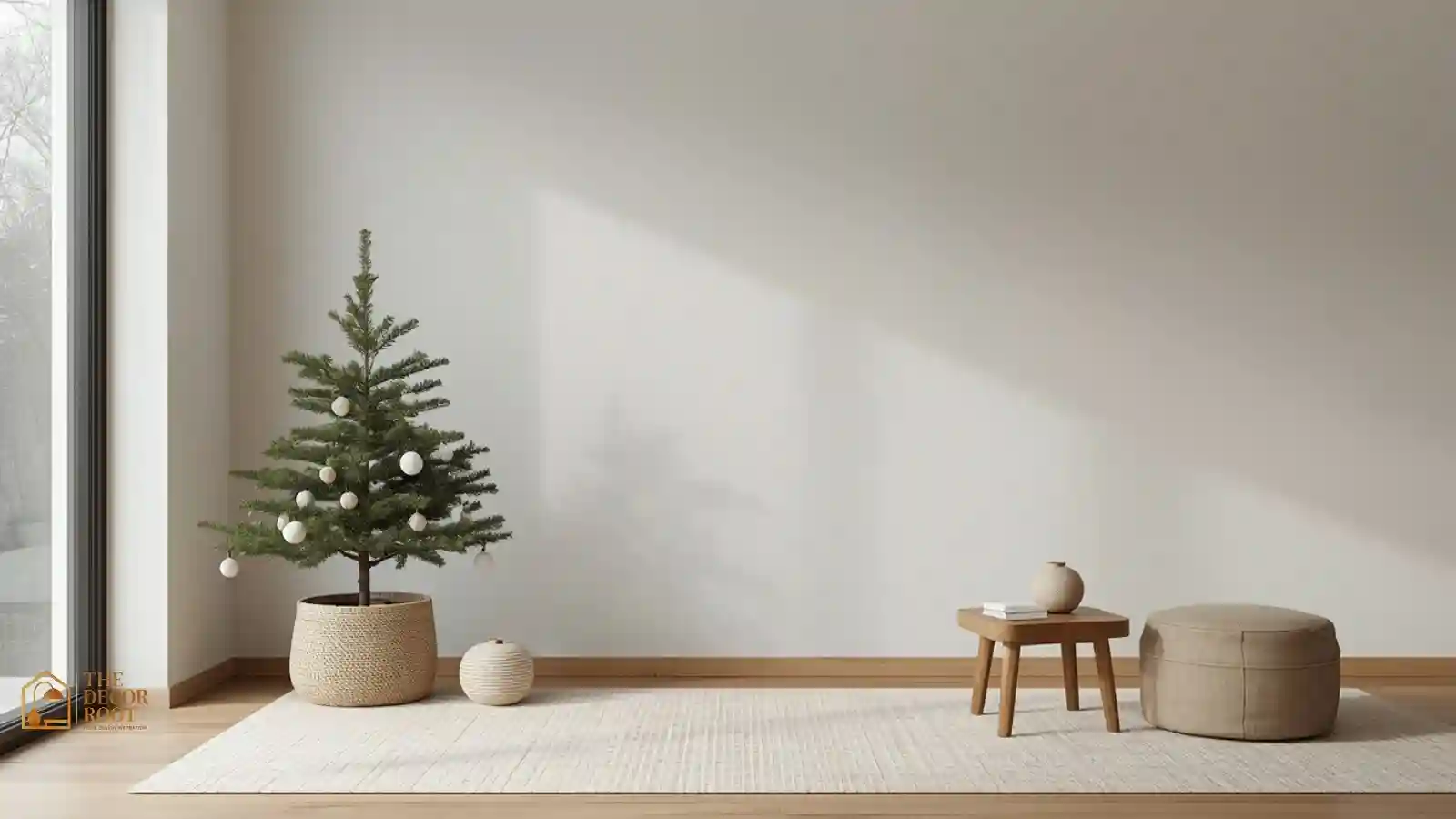 A minimalist Japandi living room with a small pine tree, unglazed ceramic ornaments, and warm neutral tones for Christmas