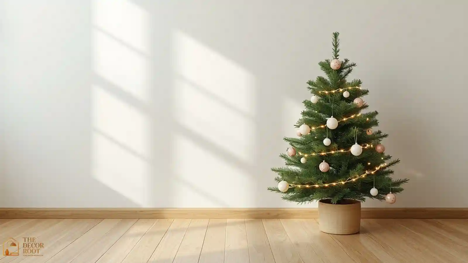 A small sparse Christmas tree with unglazed ceramic ornaments and a single strand of warm lights in a Japandi living room