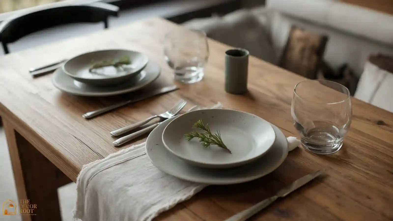 A dining table set with a neutral linen runner, stoneware plates, and a single sprig of pine at each place setting