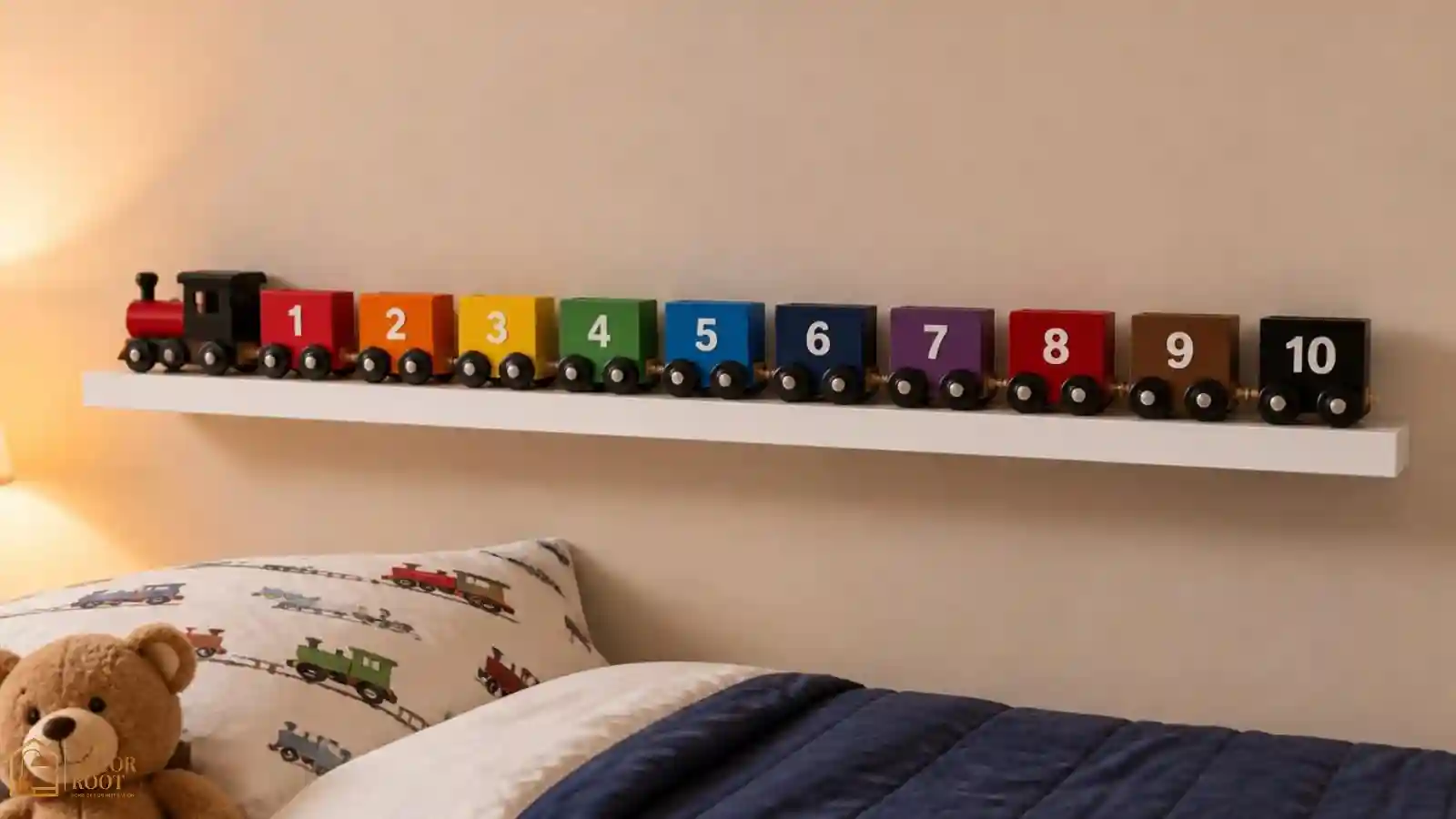 A wooden numbered train countdown display lined up along a white floating shelf above a child's bed