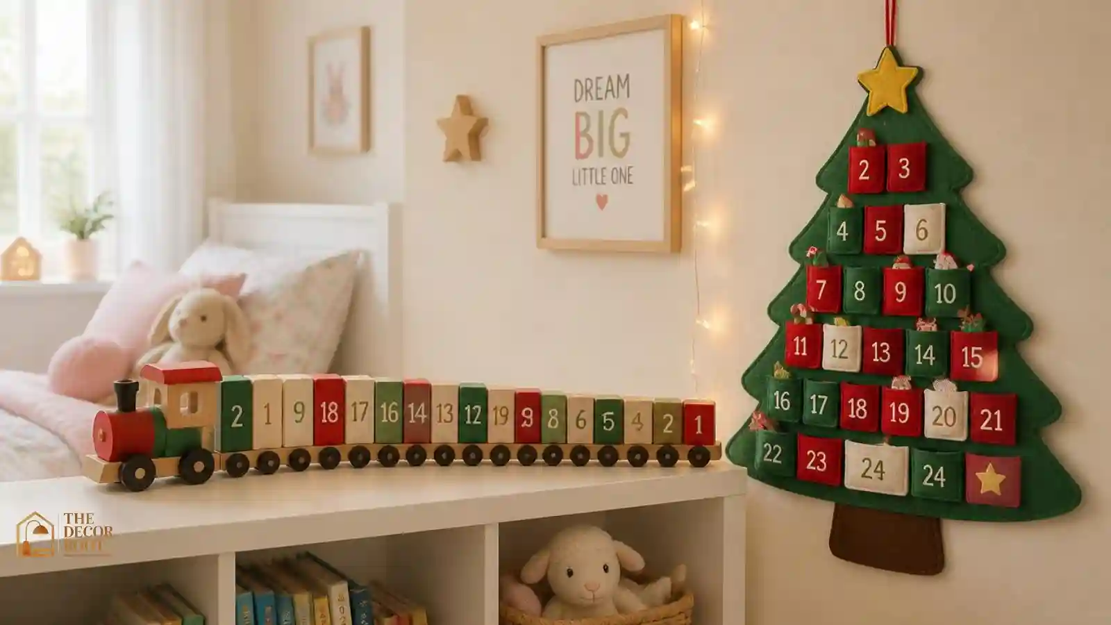 A child's bedroom shelf holding a wooden countdown train and a felt Christmas tree advent calendar beside a string of star lights
