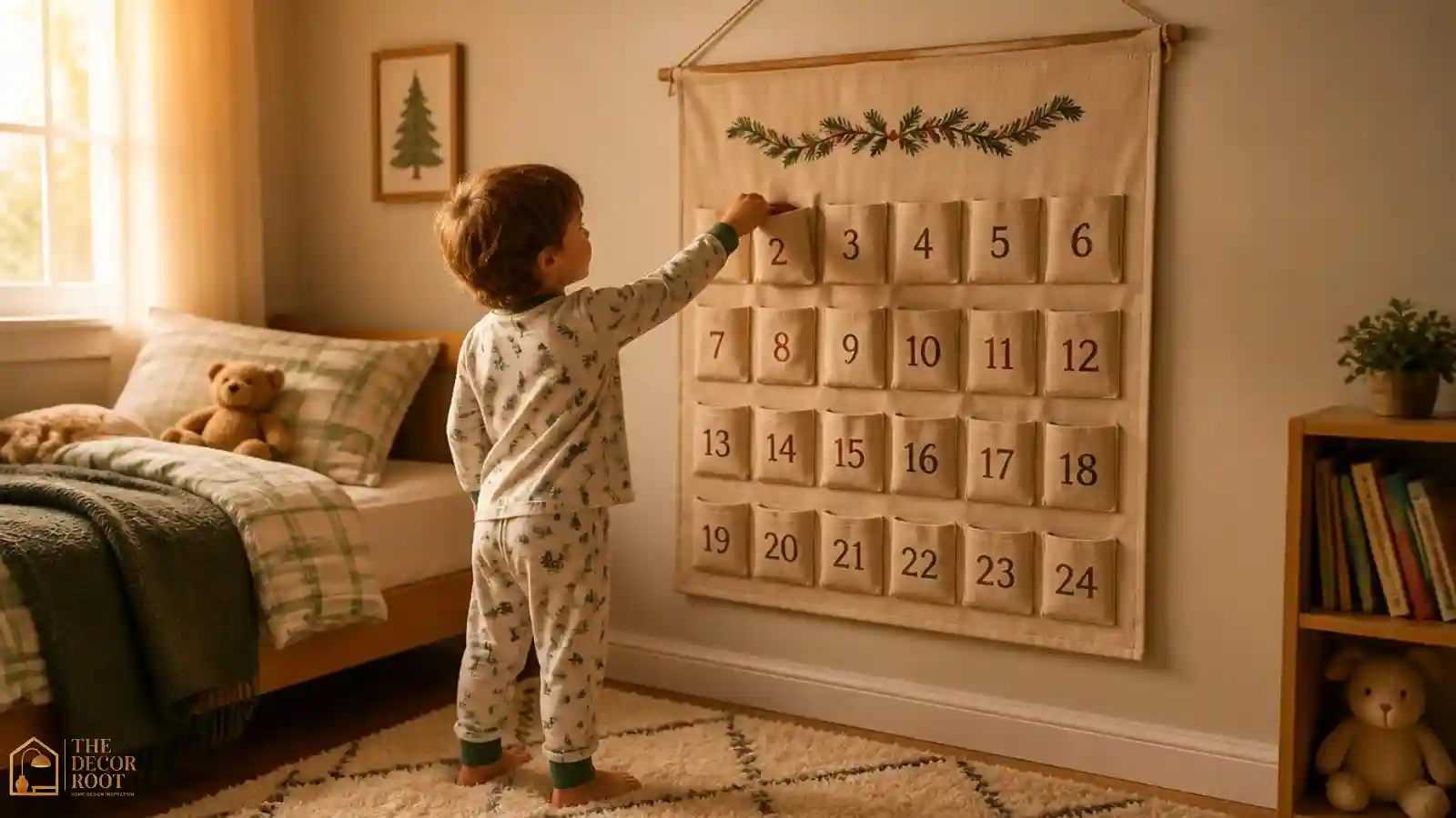 A young child reaching up to open a numbered pocket on a fabric advent calendar hanging on a bedroom wall