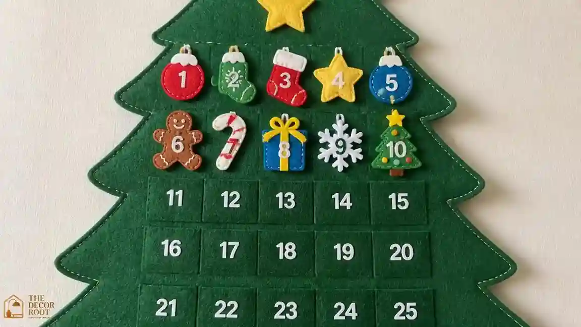 A felt Christmas tree wall hanging with numbered felt ornaments half filled in, showing a countdown calendar in progress