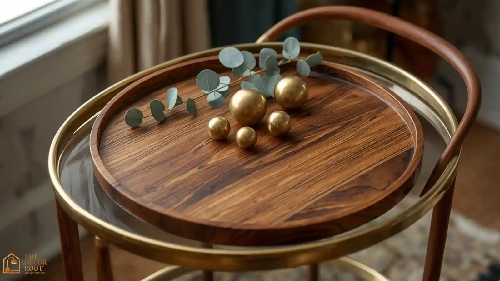 A walnut bar cart styled with brass ornaments, a walnut serving tray, and a small holiday drink setup