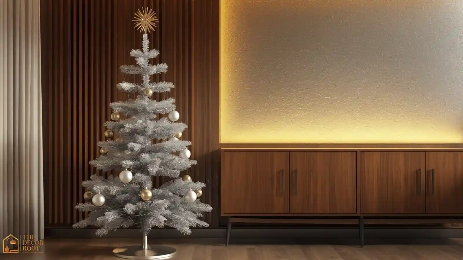 A slim silver aluminum Christmas tree with a brass starburst topper standing beside walnut mid-century furniture