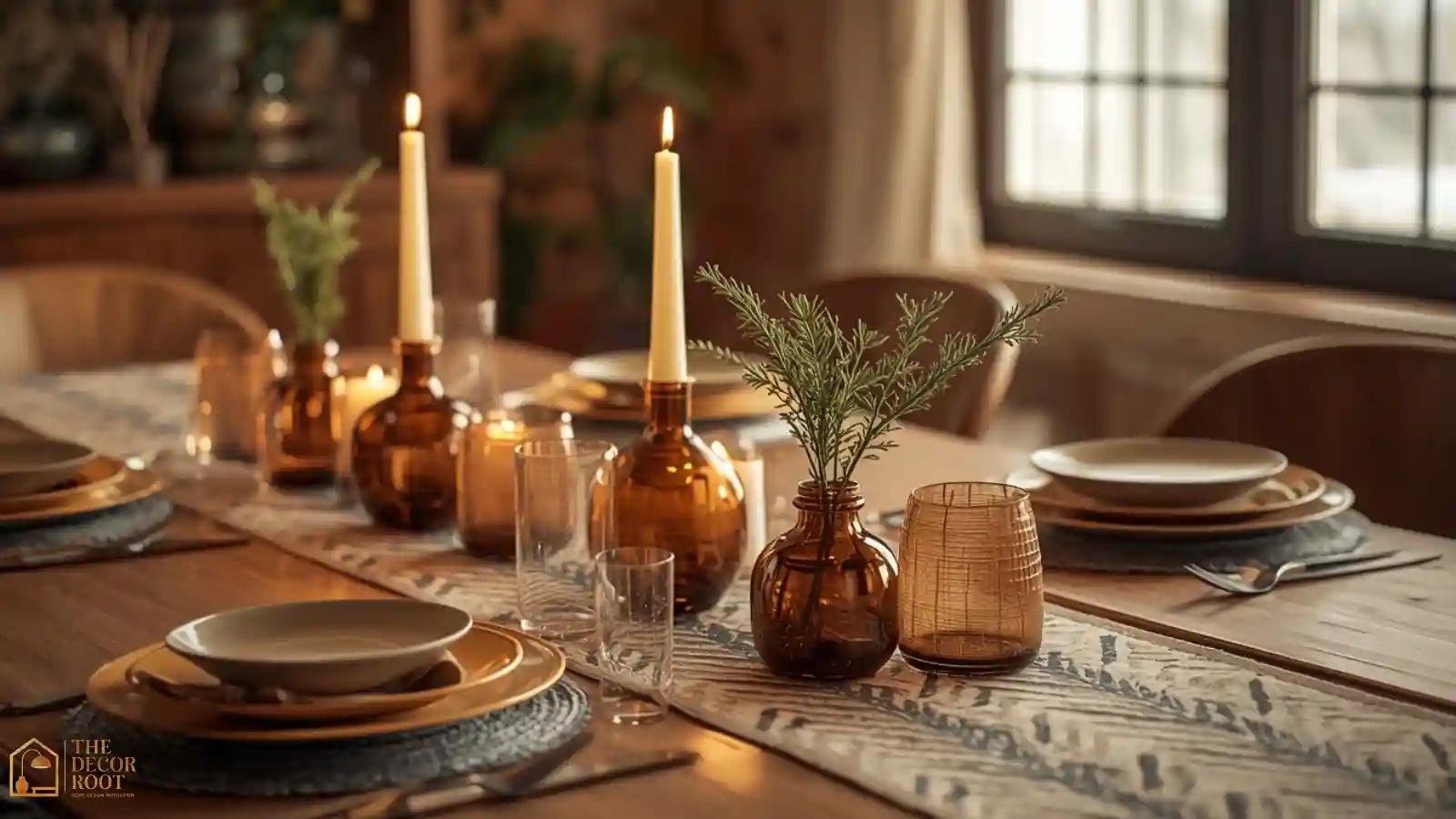 A mid-century modern holiday table set with amber glass candle holders and a boomerang-patterned table runner