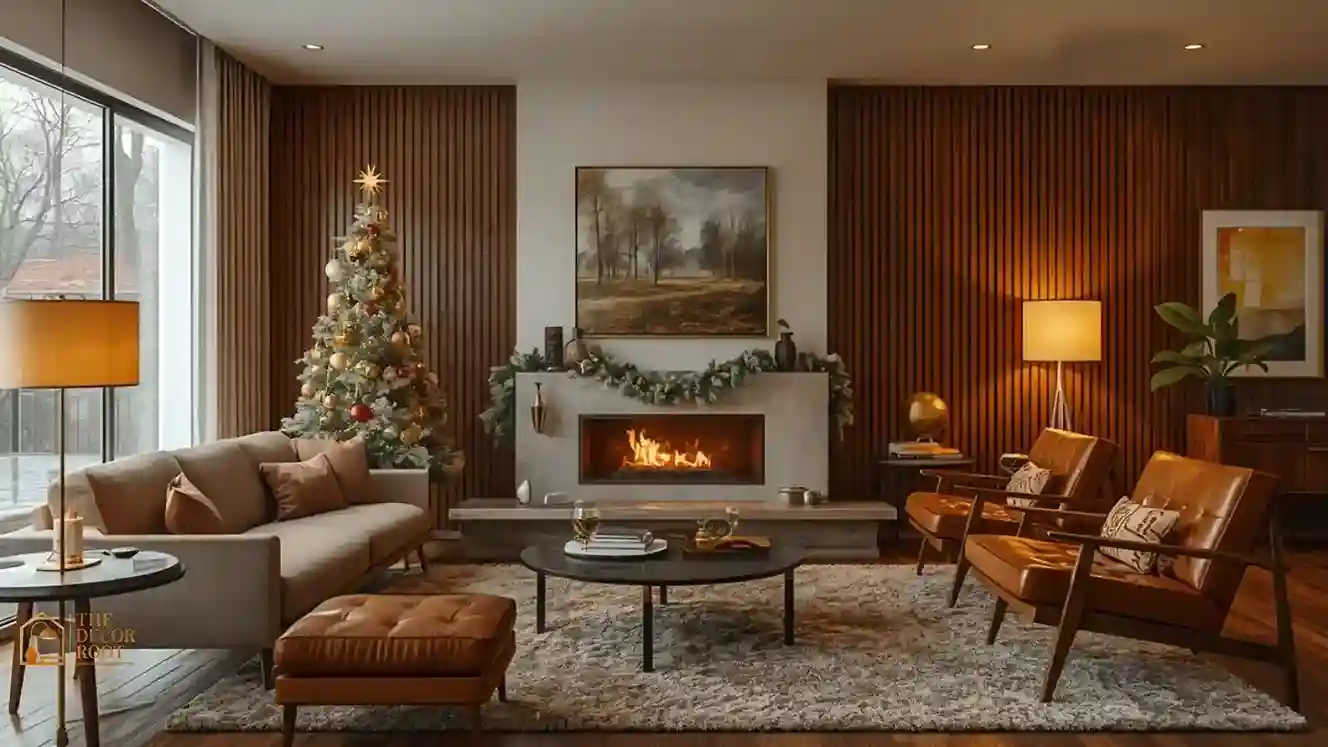 A mid-century modern living room with a sculptural silver-tone Christmas tree, walnut furniture, and a brass starburst topper