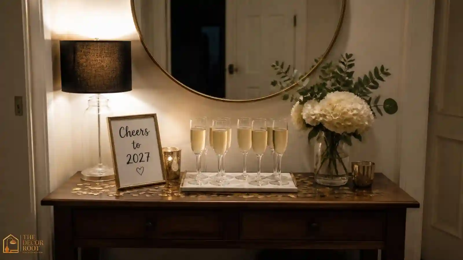Midnight toast tabletop with champagne flutes, gold confetti, and a Cheers to 2027 sign near an entryway