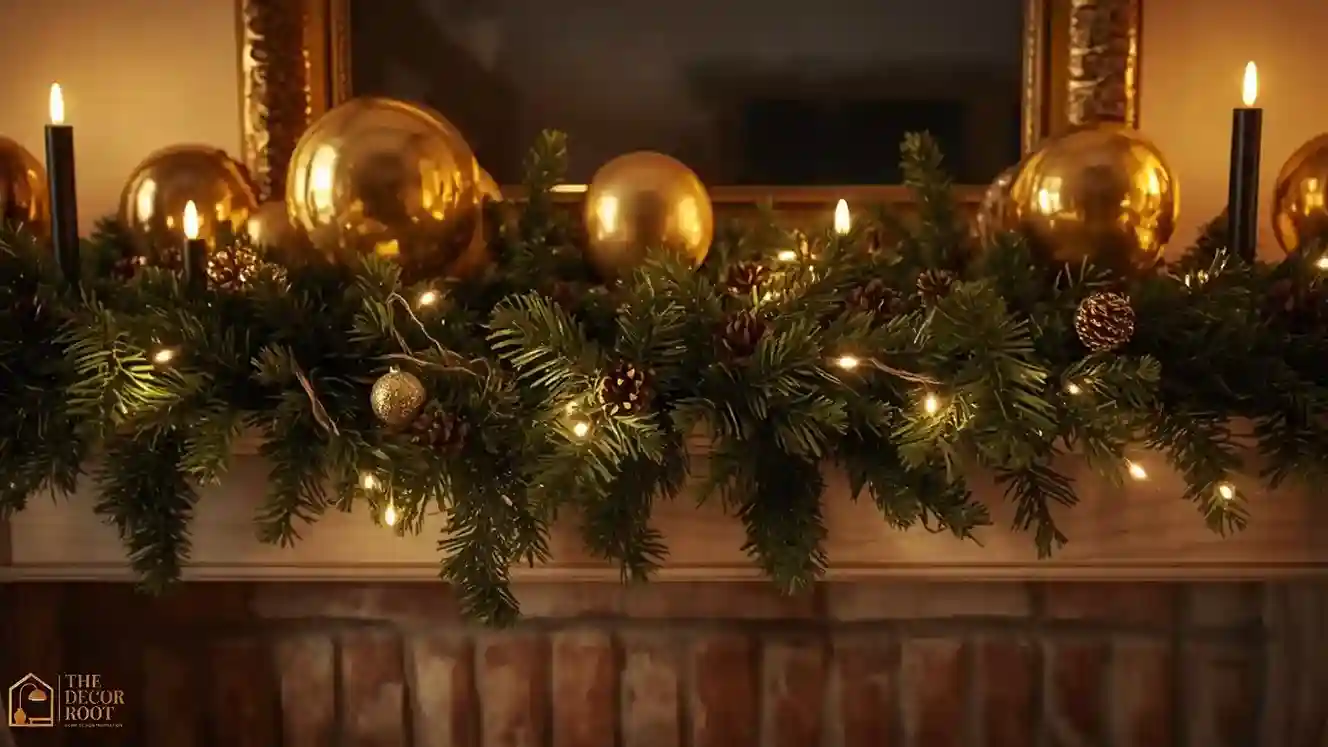 Christmas mantel restyled for New Year's Eve with gold balloons, black candles, and leftover evergreen garland