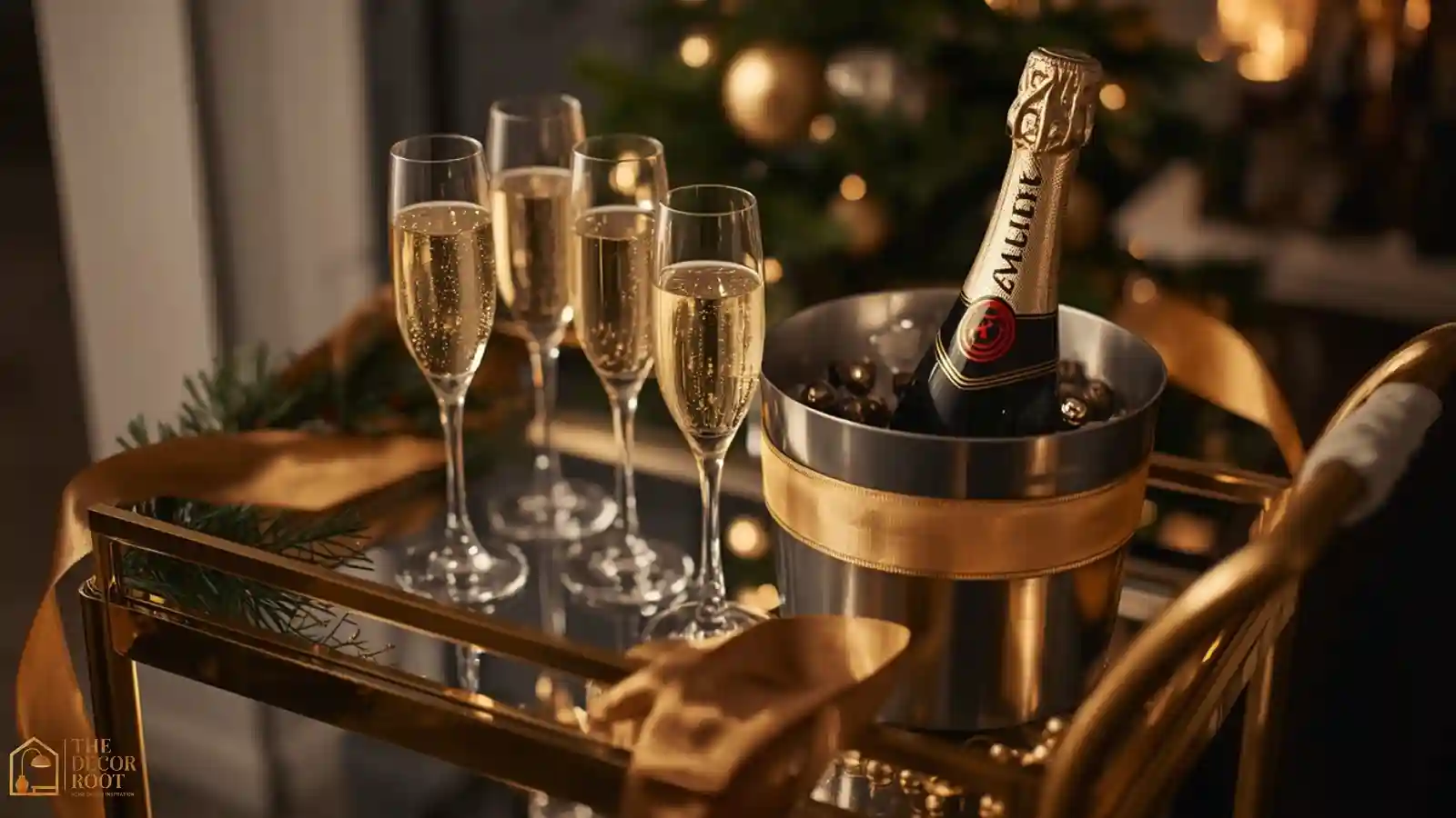 Bar cart restyled with champagne flutes, gold ribbon, and leftover Christmas greenery for a New Year's Eve party